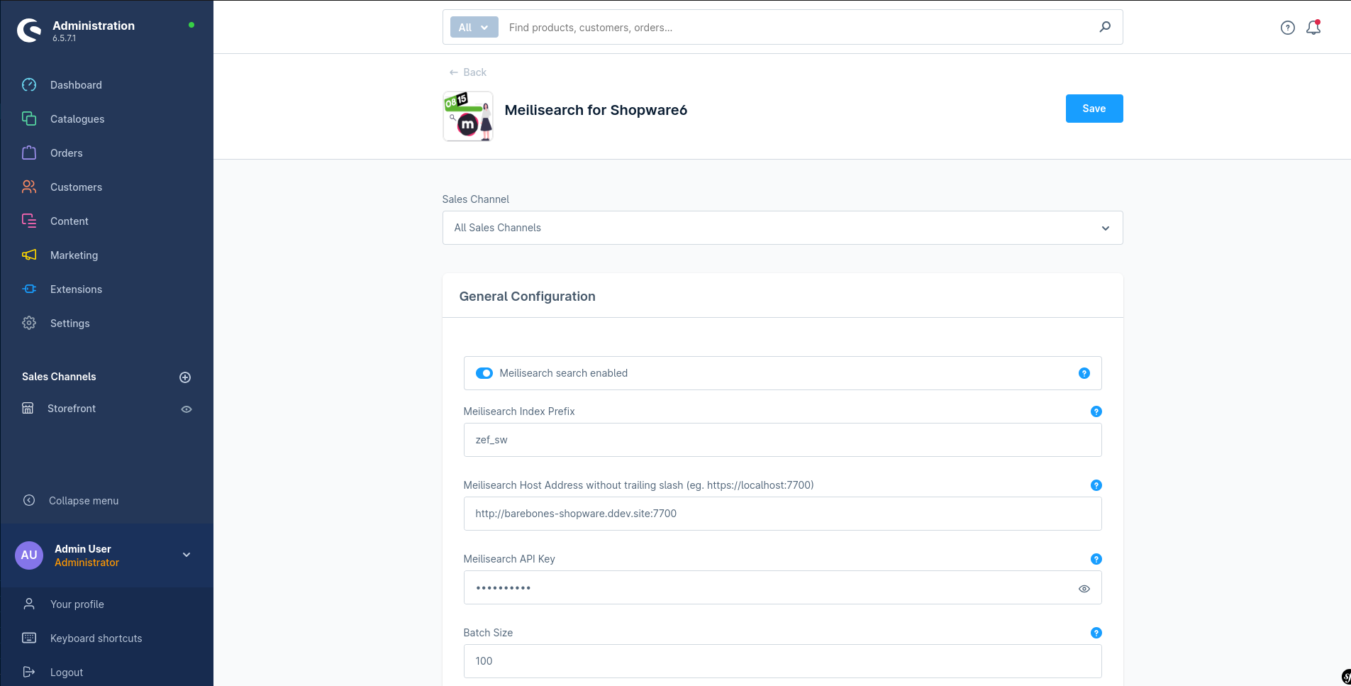 Meilisearch Basic Configuration under Extension Settings