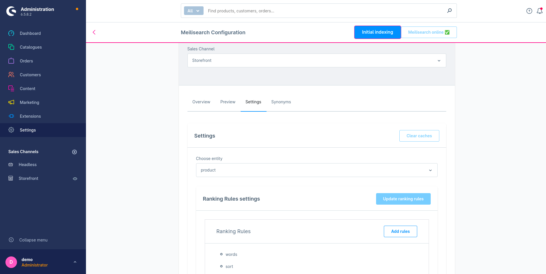 Detailed view of settings in the Meilisearch configuration settings after selecting the entity.