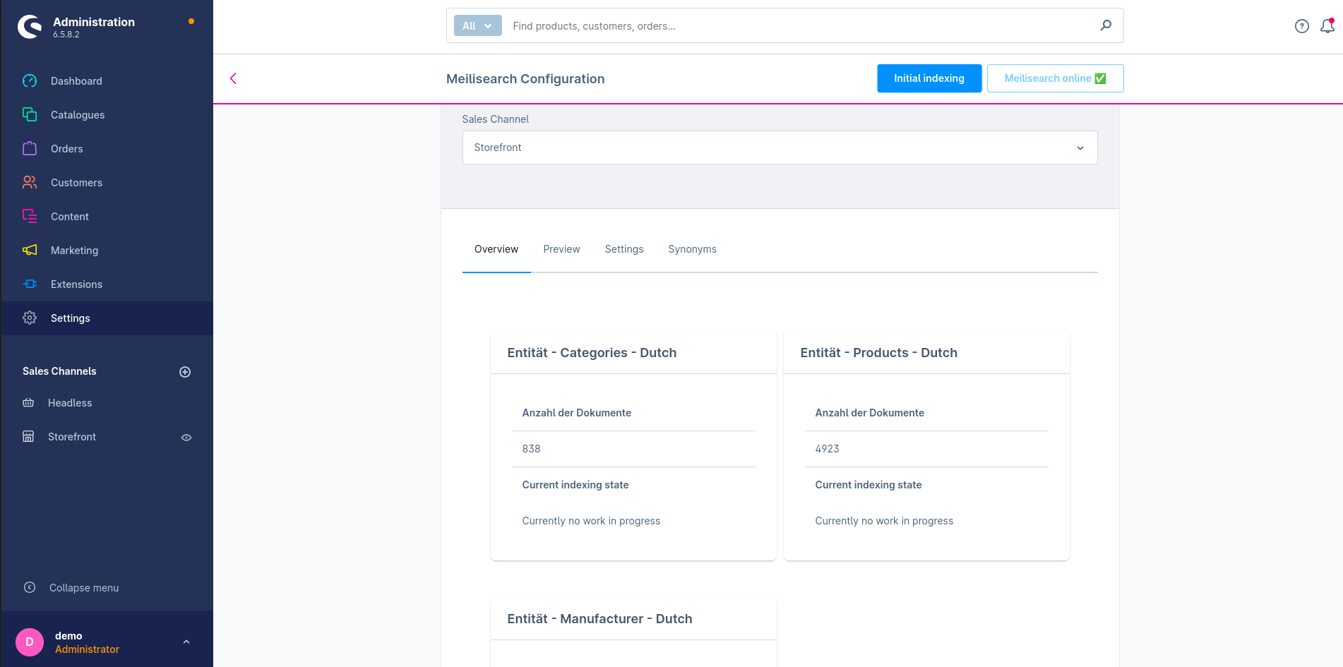 Overview of possible detailed views in Meilisearch Configuration Settings