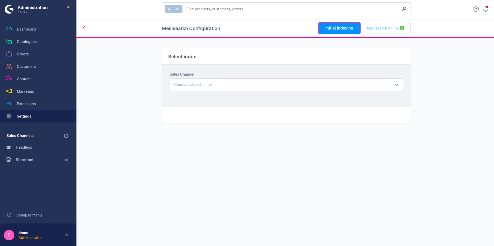 Initial Meilisearch Configuration Screen under Settings