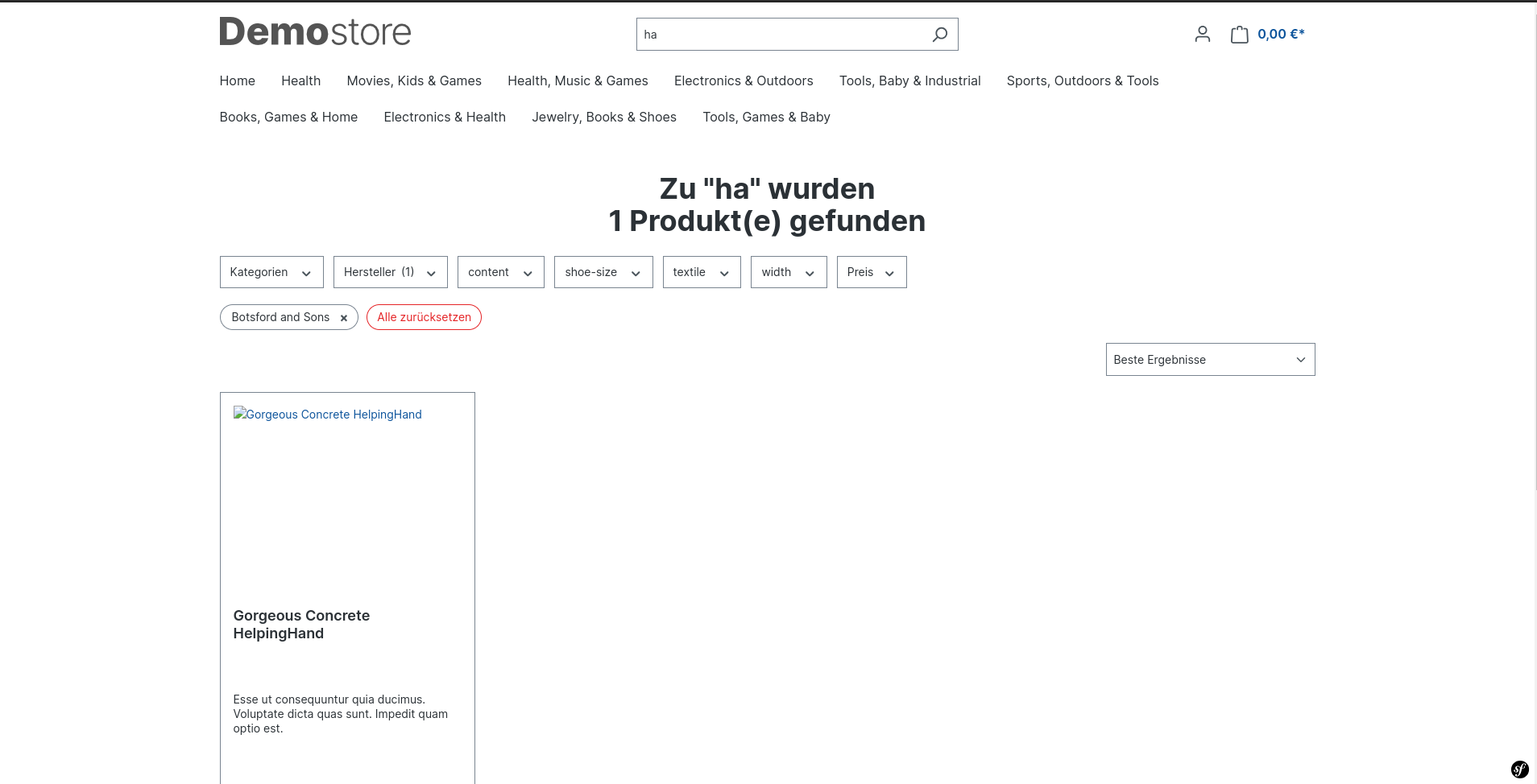 Storefront - Suchseite mit gesetzem Filter mit einem Ergebnis