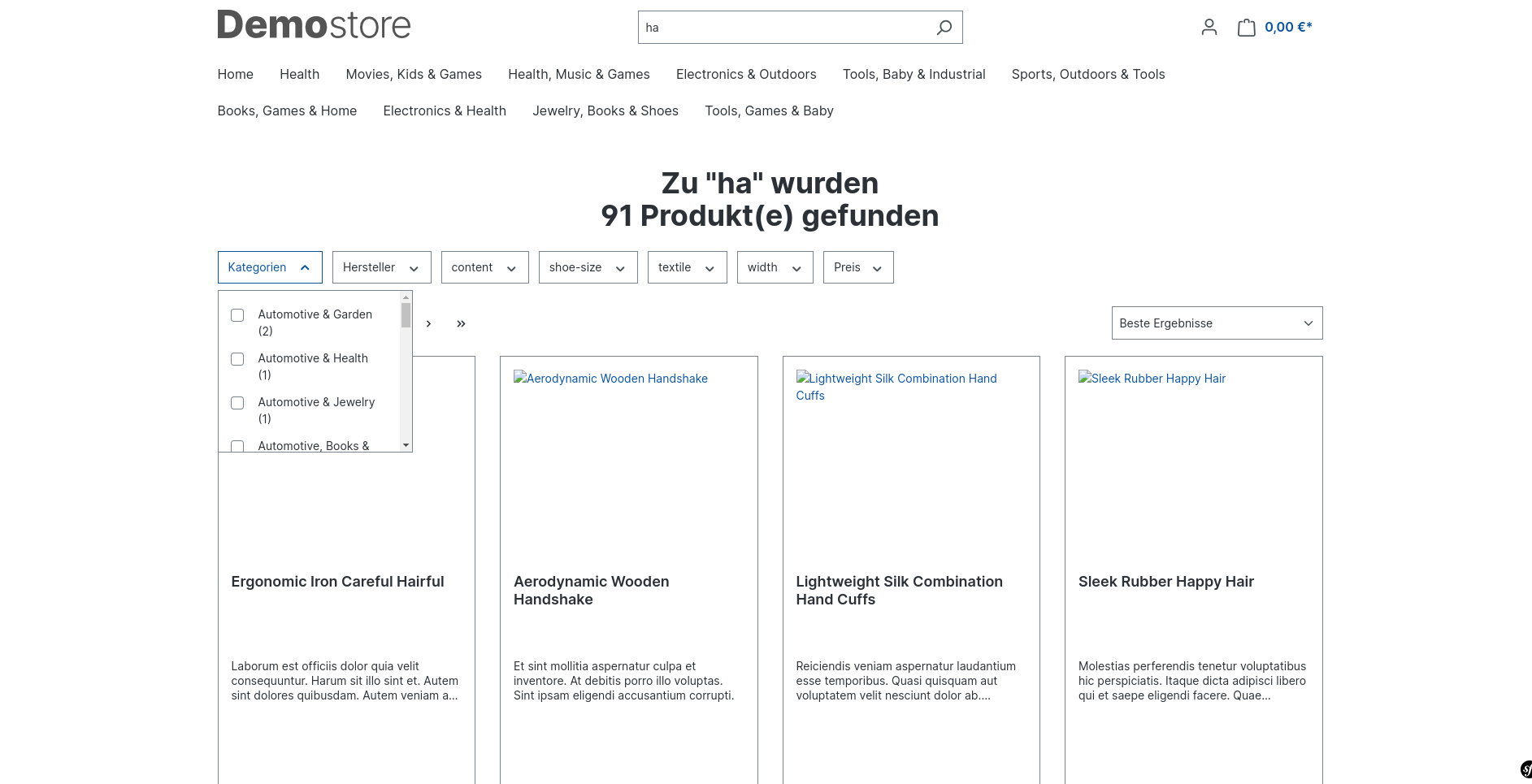 Storefront - Suchseite mit geöffnetem Kategoriefilter