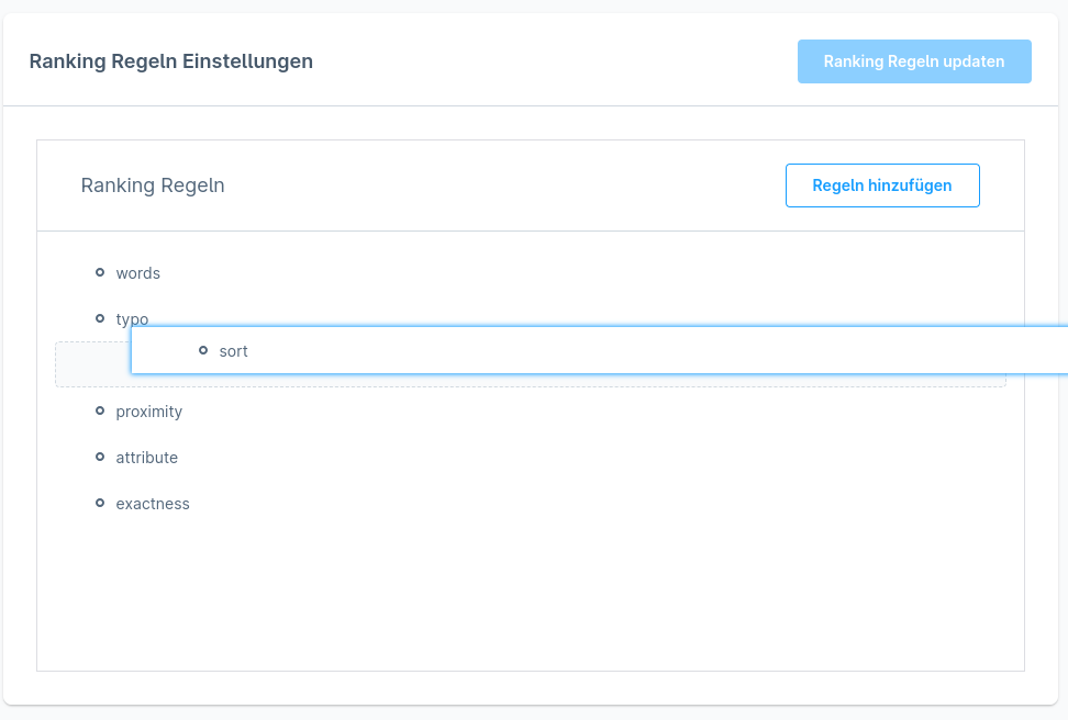 Einstellungen - Ranking Regeln in den Meilisearch Konfigurationseinstellungen