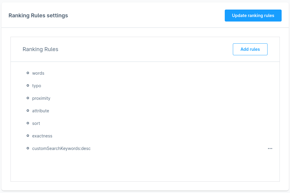 Settings - Sorting Ranking Rules in Meilisearch Configuration Settings