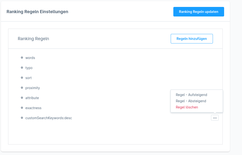 Einstellungen - Ranking Rules sortierung in den Meilisearch Konfigurationseinstellungen