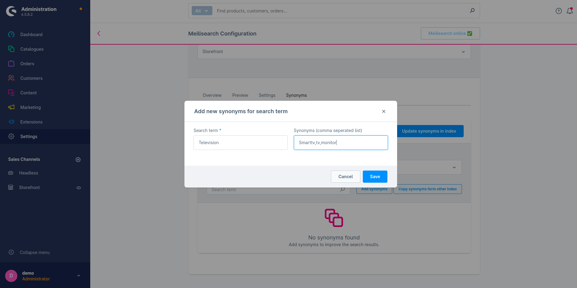 Settings - Adding Synonyms in Meilisearch Configuration Settings