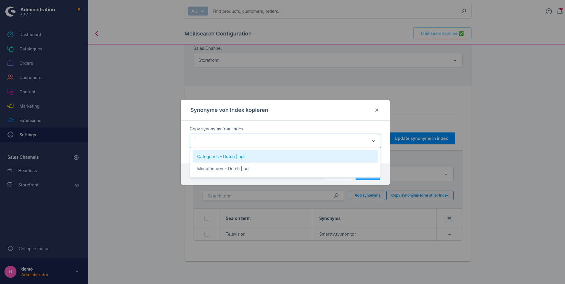 Settings - Copying Synonyms in Meilisearch Configuration Settings