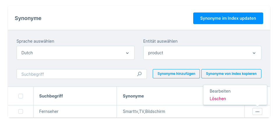 Einstellungen - Synonyme bearbeiten/löschen in den Meilisearch Konfigurationseinstellungen