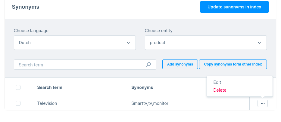 Settings - Editing and Deleting Synonyms in Meilisearch Configuration Settings